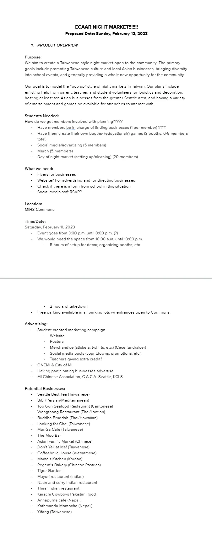 Planned details of night market, pages 1 and 2.